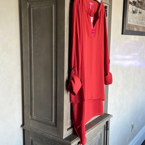 Catherine Malandrino Rustic Tab-Sleeve Crepe Overlay Hi-Low Tunic size 3X NWT - Picture 7 of 12